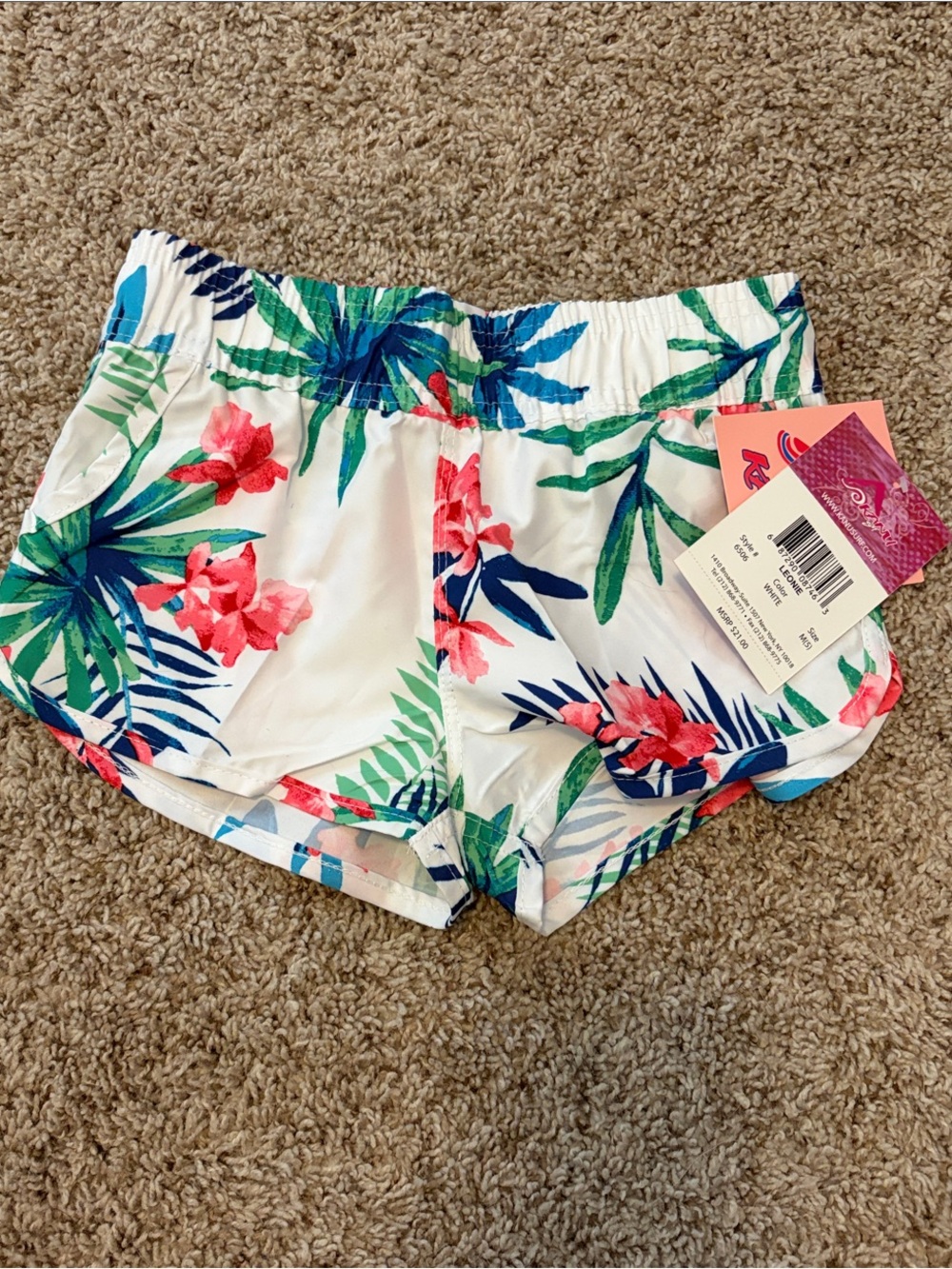 Kanu Surf White Tropical Floral Active Shorts with Pink & Green Leaves